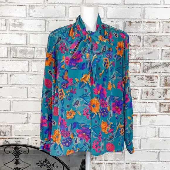 Vintage 80s Alfred Dunner Teal Pink Orange Floral Tie Neck Button Down Top 14 - Picture 3 of 9